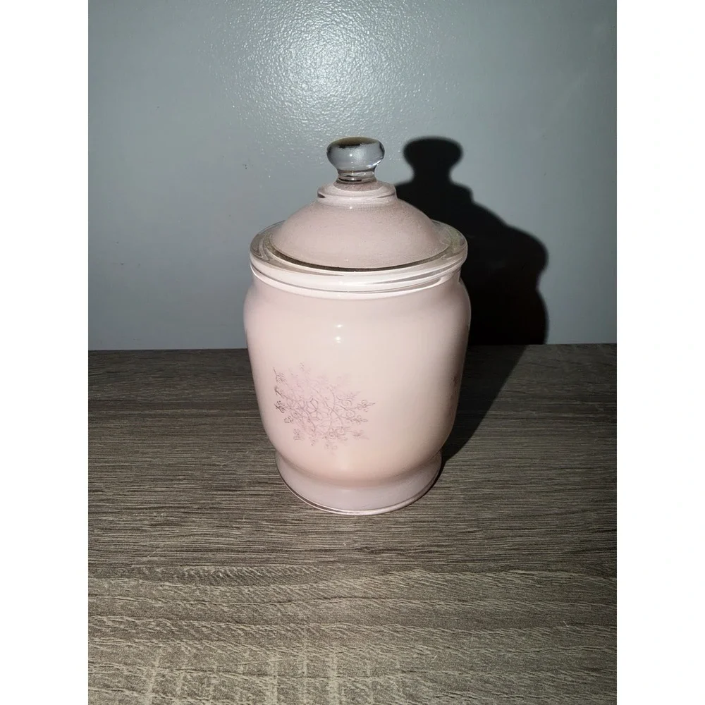 Vtg Pink Frosted Glass MCM Vanity Trinket Jar Lid Gold Snowflake 4.75